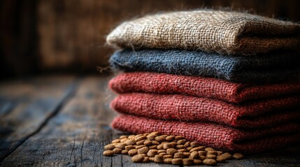 Stacked textured fabrics in earthy tones with scattered seeds on rustic wooden surface
