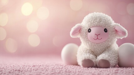 Fototapeta premium A cute and fluffy sheep soft toy sits among decorated Easter eggs, set against a soft pink background. Perfect for celebrating spring and festive occasions with charm and joy.