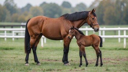 Obraz premium Suffolk Punch mare stands beside her young foal in a lush green field with ample space for text overlay and natural surroundings.