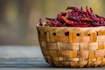 Obraz premium Dried red chilies in a woven basket.