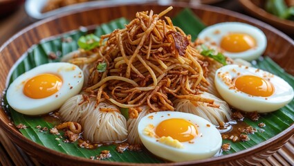 Obraz premium Colorful plate of Padang cuisine featuring lontong gulai topped with crispy fried noodles and split eggs, highlighting rich textures and flavors.