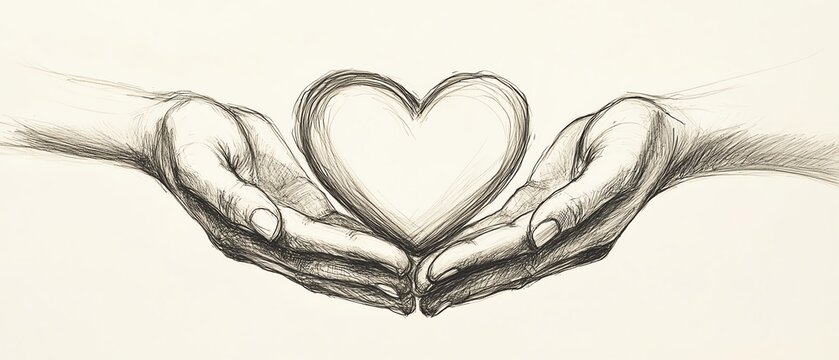 Simple doodle sketch of two hands holding a heart, representing charity, compassion, and the kindness that connects us all