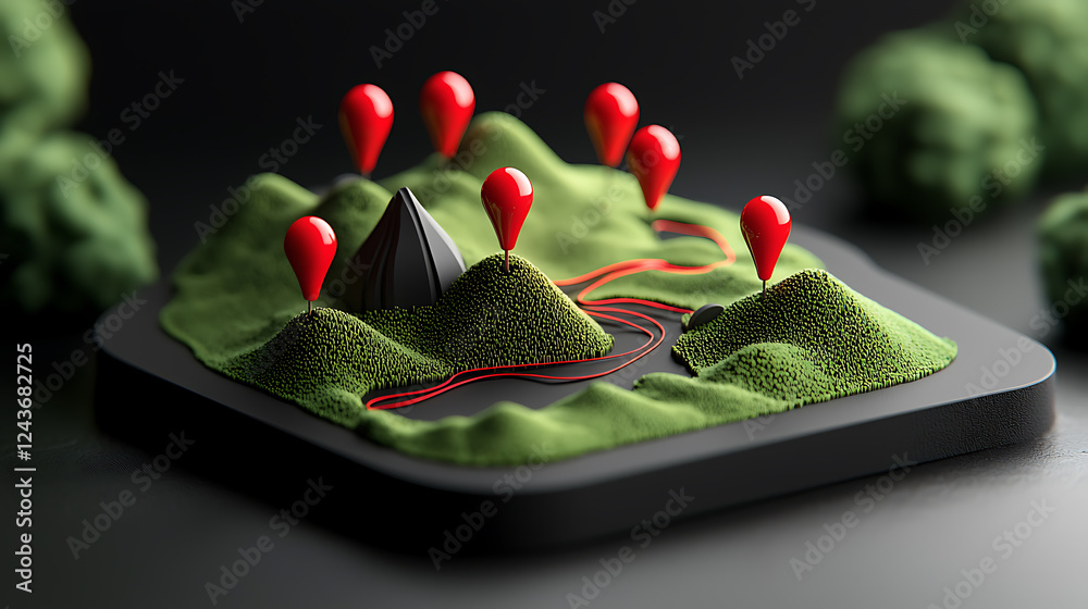 Poster exploring a 3d terrain model with location markers digital environment conceptual design virtual vie
