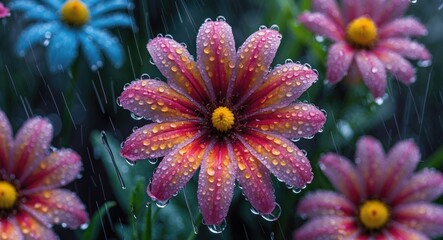 Bright and colorful wet flowers with raindrops on petals featuring a soft background for text placement or creative designs.