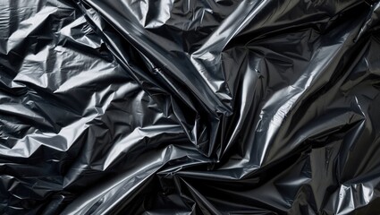 Black plastic bag texture showing creases and reflective surfaces ideal for backgrounds or design projects.