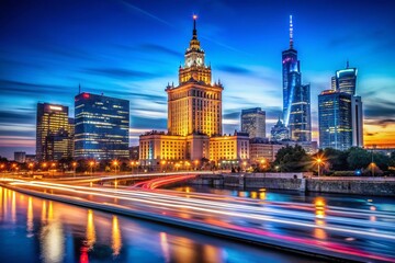 Naklejka premium Warsaw Cityscape at Night - Long Exposure Photography of Iconic Landmarks