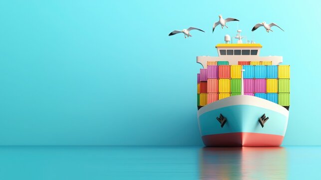 Colorful cargo ship sailing on calm waters cartoon style bright blue background serene environment playful concept