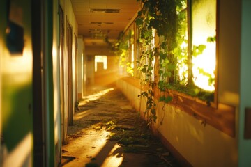 Overgrown corridor in an abandoned building illuminated by warm sunlight during golden hour