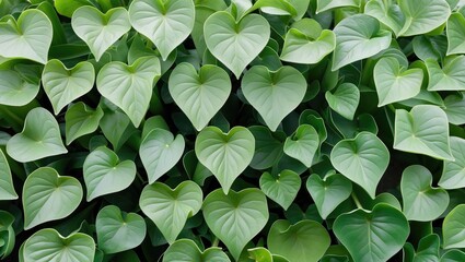 A lush arrangement of vibrant heart-shaped green leaves creating a soothing natural backdrop for design and decor purposes.