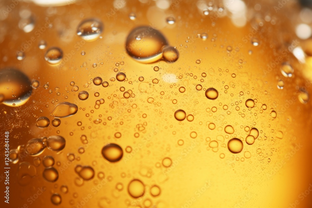Poster close up of golden liquid with small bubbles forming an abstract pattern, creating a visually appeal