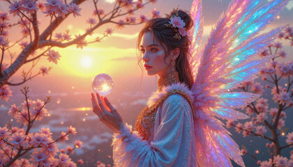 Celestial figure gazing at crystal orb under sunset, enchanting beauty