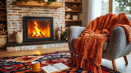Cozy autumn living room with fireplace, armchair, book, and tea.