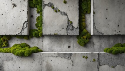Concrete panels with vibrant green moss texture creating a unique contrast in an abstract background composition for artistic designs.