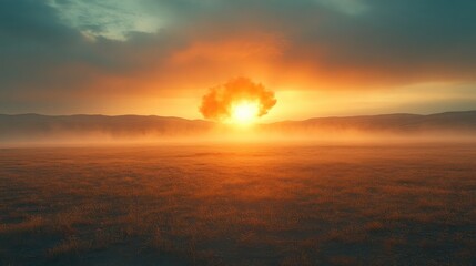 Fototapeta premium A tranquil landscape disrupted by a distant explosion, blending calm and chaos under soft sunlight.