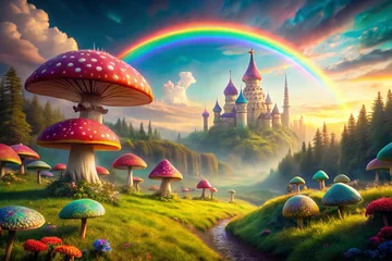 Gordijnen Whimsical Fantasy Landscape: Giant Mushrooms, Rainbow, and Castle - Long Exposure Stock Photo © Man888