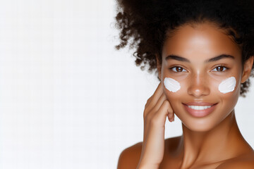 Smiling Young Woman with Freckles Applying Face Cream, Close Up