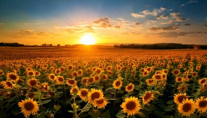 Obraz premium sunset over a vast sunflower field 