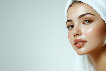 Asian Woman Applying Face Cream with Towel on Head &ndash; Skincare Concept