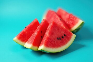 Bright red watermelon slices fanned out on vibrant blue background , summertime, organic, diet