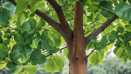 Lush green leaves on a weathered tree trunk showcasing the beauty of nature in a serene outdoor setting.