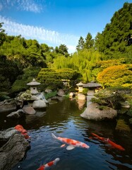 zen garden with koi ponds and stone lanterns 