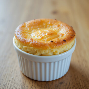 Cheese souffl&eacute; in white ramekin on wooden table