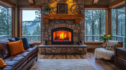 Cozy mountain cabin living room fireplace winter view.