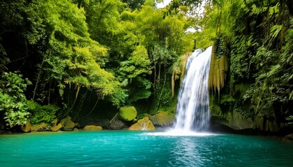 waterfall cascading into an emerald pool 