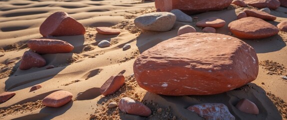 Red rocks scattered on sandy beach under sunlight creating shadows with textured sand, showcasing natural landscape beauty and tranquility.