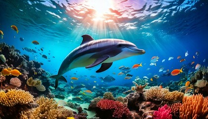 scene with playful dolphins and colorful fish 