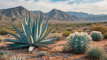 Desert Landscape Featuring Agave and Cacti with Mountains in Background and Room for Text Overlay