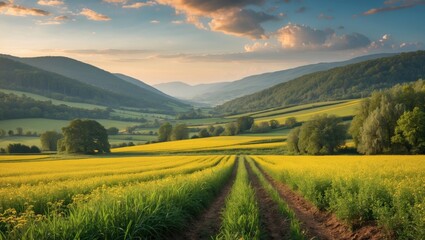 Obraz premium Vibrant Summer Landscape with Rolling Hills and Golden Flower Fields Under a Dramatic Sky at Sunset