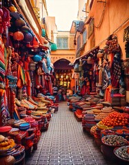 Obraz premium Moroccan bazaar filled with colorful stalls 