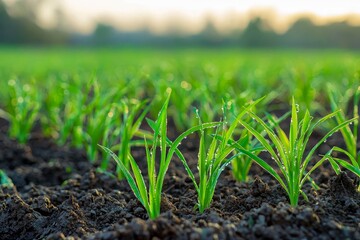 Grass shoots and dew drops in the morning.