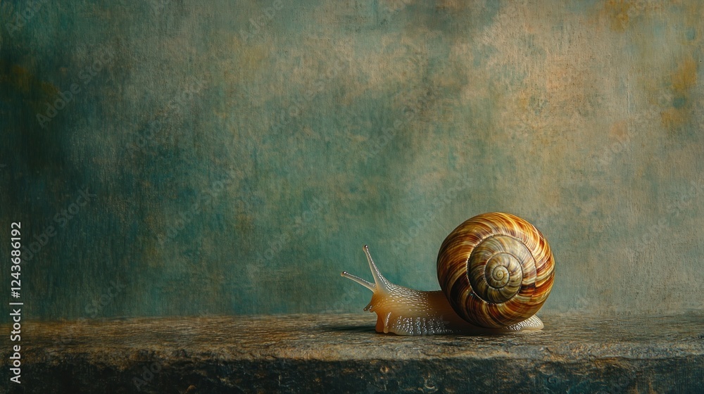 Poster A close-up of a snail on a textured surface, showcasing its shell and body.