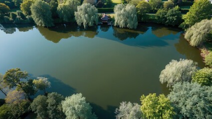 Aerial View of Tranquil Pond Surrounded by Lush Green Trees in a Scenic Landscape