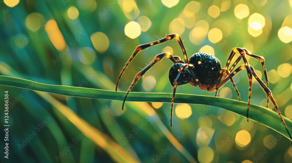 Poster a close-up of a spider on a green blade of grass, illuminated by soft bokeh lights.