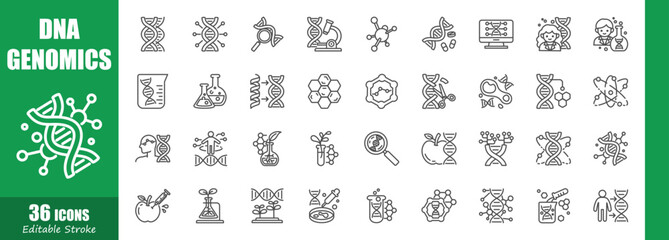 DNA and Genomics . Medical outline icon collection . Editable stroke . Vector .