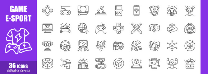 Game and E-sports . Technology outline icon collection . Editable stroke . Vector .