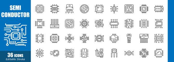 Semiconductors . Technology outline icon collection . Editable stroke . Vector .