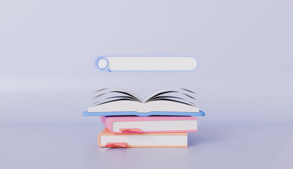 Stack of books with search icon on a white background