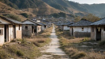 Abandoned village in Anaga landscape featuring empty buildings along a dirt path surrounded by hills and nature, ideal for text overlay.