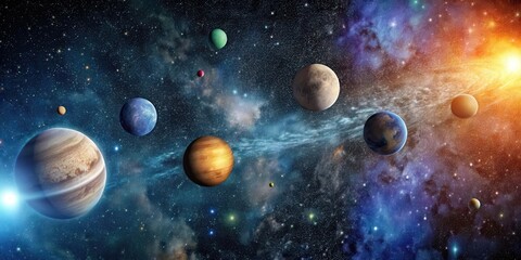 Celestial bodies floating in dark space, stars, celestial body, stars, celestial body, galaxy