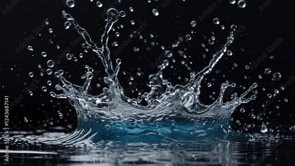 Poster dynamic water splash with droplets on dark background showcasing abstract fluid motion and texture. 