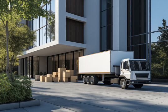Delivery truck parked outside a modern building, movers unloading furniture and boxes.