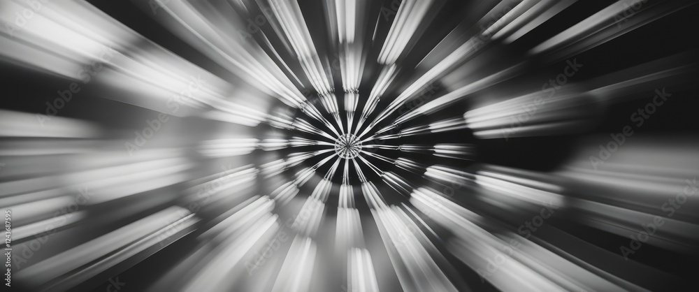 Poster radial black and white abstract pattern with a dreamy blurred effect creating a sense of depth and m