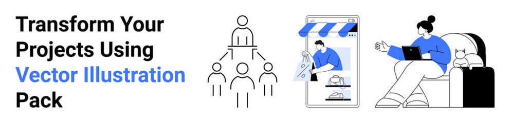 Hierarchy diagram for teamwork, mobile shopping interface under storefront canopy, woman working remotely on laptop. Ideal for ecommerce, business strategy, team structure, remote work concepts
