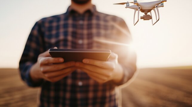Young agricultural student monitors farm data with tablet while drone captures crop health analytics in modern farming setup