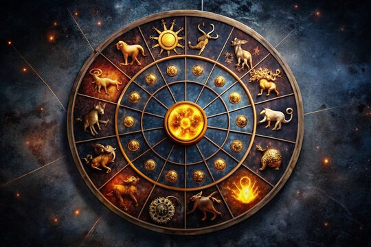Zodiac Signs: Celestial Circle of Astrological Symbols on Black Background