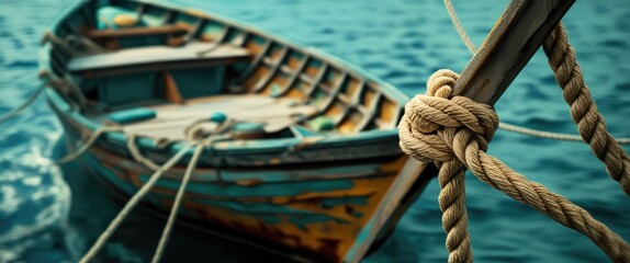 Rustic wooden boat secured with rope on tranquil water background showcasing nautical lifestyle and maritime aesthetics. © AkuAku